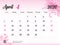 April 2020 Year Template, Calendar 2020 Vector, Desk Calendar Design, pink flower concept for cosmetics, beauty, spa, business