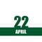 April 22. 22th day of month, calendar date.Green numbers and stripe with white text on isolated background. Concept of