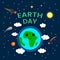 April 22 is the day of the Earth. funny comic poster in a cartoon style. Planet Earth in space with stars and comets. flat vector