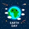 April 22 is the day of the Earth. funny comic poster in a cartoon style. Planet Earth in space with stars and comets. flat vector