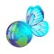 April 22 earth day, world. Friendly small planet with butterfly wings, in flight. Vector Illustration