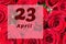 April 23th. Day of 23 month, calendar date. Natural background of red roses. A bouquet of dark red roses