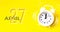 April 27th. Day 27 of month, Calendar date. White alarm clock  with calendar day on yellow background. Minimalistic concept of