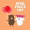 April Fool`s Day greeting card with cute bunny rabbit wearing joker hat and bear holding balloons