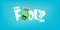 April Fools day funky horizontal banner with silly green clown monster character isolated on blue background. 1 st april