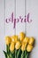 April hand lettering calligraphy. Yellow tulips bunch on white wooden planks rustic barn rural table background. Letters,