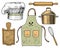 Apron or pinaphora and Hood, rolling pin and saucepan or corolla, wooden board. Chef and kitchen utensils, cooking stuff
