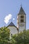 The apse and bell tower of the parish church of San Biagio in Tubre, Taufers im MÃ¼nstertal, South Tyrol, Italy