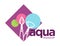 Aqua makeup logo with cosmetic brushes and round color patches