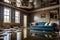Aqua Retreat: Water Inundating a Living Room - Sofa and Coffee Table Partially Submerged, Family Photographs Floating in the