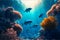 Aqua scene with corals and many fish on blue underwater background. Neural network generated art