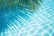 Aqua waves and coconut palm shadow on blue background. Water pool texture top view In the summer