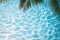 Aqua waves and coconut palm shadow on blue background. Water pool texture top view In the summer