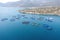 Aquaculture fish industry, aerial drone view. Fish farming in Greece