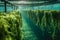 Aquaculture Seaweed algae growing on lines in an aquaculture farm. Generative AI