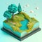 aquamarine waves and verdant meadows, isometric low poly view AI generation