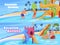 Aquapark banner set vector flat illustration. Water entertainment swimming pool and slides