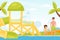 Aquapark with Dad and Daughter Enjoying Amusement Water Attraction and Slides Vector Illustration