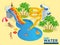 Aquapark horizontal web banner with different water slides, family water park, hills tubes and pools isometric vector