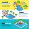 Aquapark horizontal web banners with different water slides, family water park, hills tubes and pools isometric vector