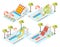 Aquapark isometric concept set with entertainment sunbathing and swimming symbols vector