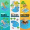 Aquapark vertical web banners with different water slides, family water park, hills tubes and pools isometric vector