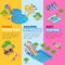 Aquapark vertical web banners with different water slides, family water park, hills tubes and pools isometric vector