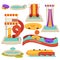 Aquapark water slides and amusement park attractions vector flat cartoon isolated icons