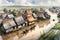 Aquarelle Deluge: Aerial View Watercolor of a Small Village Partially Submerged in Floodwater, Rooftops Peeking Through