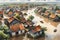 Aquarelle Deluge: Aerial View Watercolor of a Small Village Partially Submerged in Floodwater, Rooftops Peeking Through