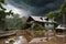 Aquarelle Deluge: Aerial View Watercolor of a Small Village Partially Submerged in Floodwater, Rooftops Peeking Through