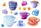 Aquarelle hand drawn set with different colorful cups and mugs on the white background