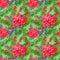 Aquarelle painted jointless tiles with traditional Red Poinsettia and fir paws decor. For wallpapers, textile, wrapping paper