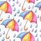 Aquarelle pattern with umbrellas and rain.