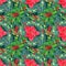 Aquarelle seamless pattern with Christmas Poinsettia and Holly. For wallpapers, textile, wrapping paper