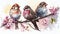 Aquarelle Wet on Wet Three Finches On Branch With Pink Buds on Canvas Oil Painting AI Generative