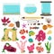 Aquarium elements. Interior decor, glass water containers for color little fishes, home hobby elements, underwater