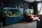 aquarium filled with colorful fish and underwater plants in living room with stylish furniture