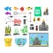 Aquarium with Fish, Blue Water and Equipment Set. Vector