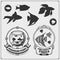 Aquarium fish emblem and icons set. Black and white silhouettes.