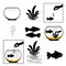 Aquarium fish feeding, round aquarium, plant, white background, flat black silhouette vector set added