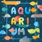 Aquarium fish typographic poster, vector illustration. Abstract colorful sea creatures, underwater life. Fish store