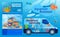 Aquarium maintenance service, lettering by car, aquarium business, colorful underwater world, cartoon style vector
