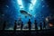 Aquarium marvel, visitors captivated by silhouettes, including majestic Whale Shark