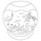 Aquarium. Pets behind the glass. Fish, corals, seashells. Vector illustration. Outline on a white isolated background. Sketch.