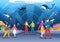 Aquarium Template Hand Drawn Cartoon Flat Illustration with Family and Kids Looking at Underwater Fish, Sea Animals Variety,