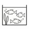 Aquarium with three fishes and aquatic plant, black vector illustration, contour drawing, web symbol