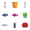 Aquarium tools icon set, cartoon style