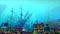Aquarium underwater scene. Flooded ship, treasure chest. 3d rendering.