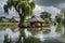 Aquatic Challenge: Village Submerged in Floodwaters - Thatched Roof Cottages Half-Covered, Villagers Navigating in Makeshift Boats